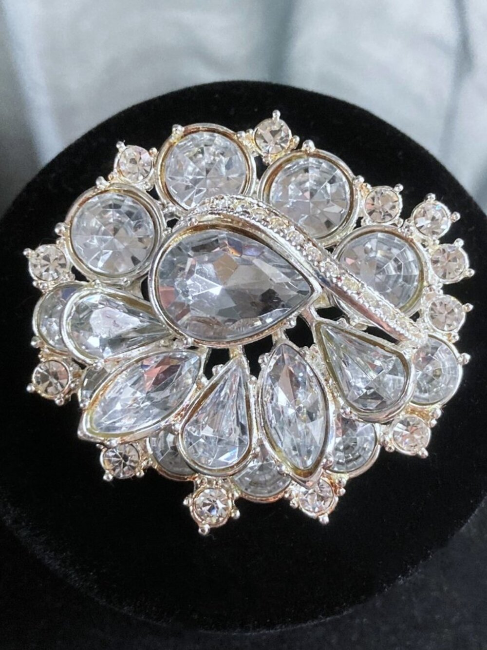 Vintage MYSTERY Brooch, Layered, Clear Rhinestone, Statement, Silver Tone, 2.25”